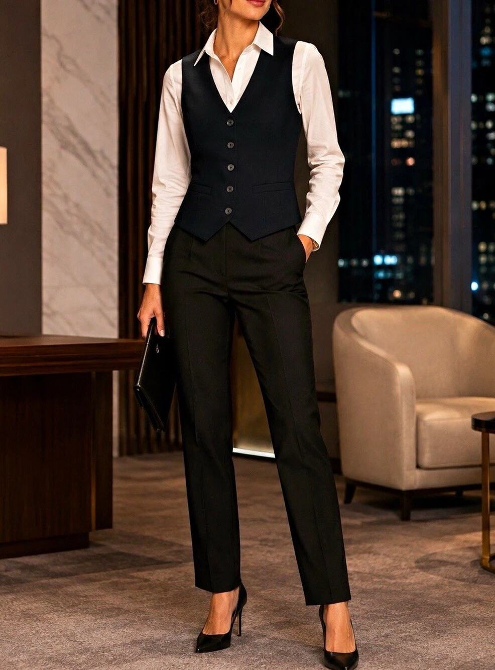 Express Editor Womens M Black Tailored Suit Vest Button Front Stretch Minimalist